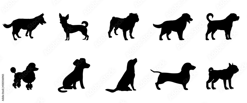 Obraz premium Dog silhouettes vector illustration featuring various breeds, including small and large dogs in different poses. Perfect for graphic design, pet branding, and creative projects.