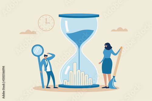 Time management or employee timesheet analysis, time tracking efficiency or productivity, working hour or project schedule concept, business people project manager analyze time graph in sandglass.