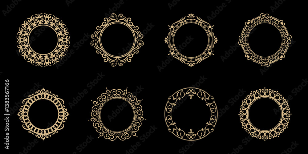 Elegant set of eight gold ornate frames with intricate vintage detailing. Ideal for luxury branding, wedding invitations, decorative borders, antique designs, and classic ornamental patterns.