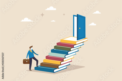 Education or learning for new opportunity, wisdom or knowledge to open door to success, solution, growth or career learning concept, businessman climb up book stack stair to reach opportunity door.