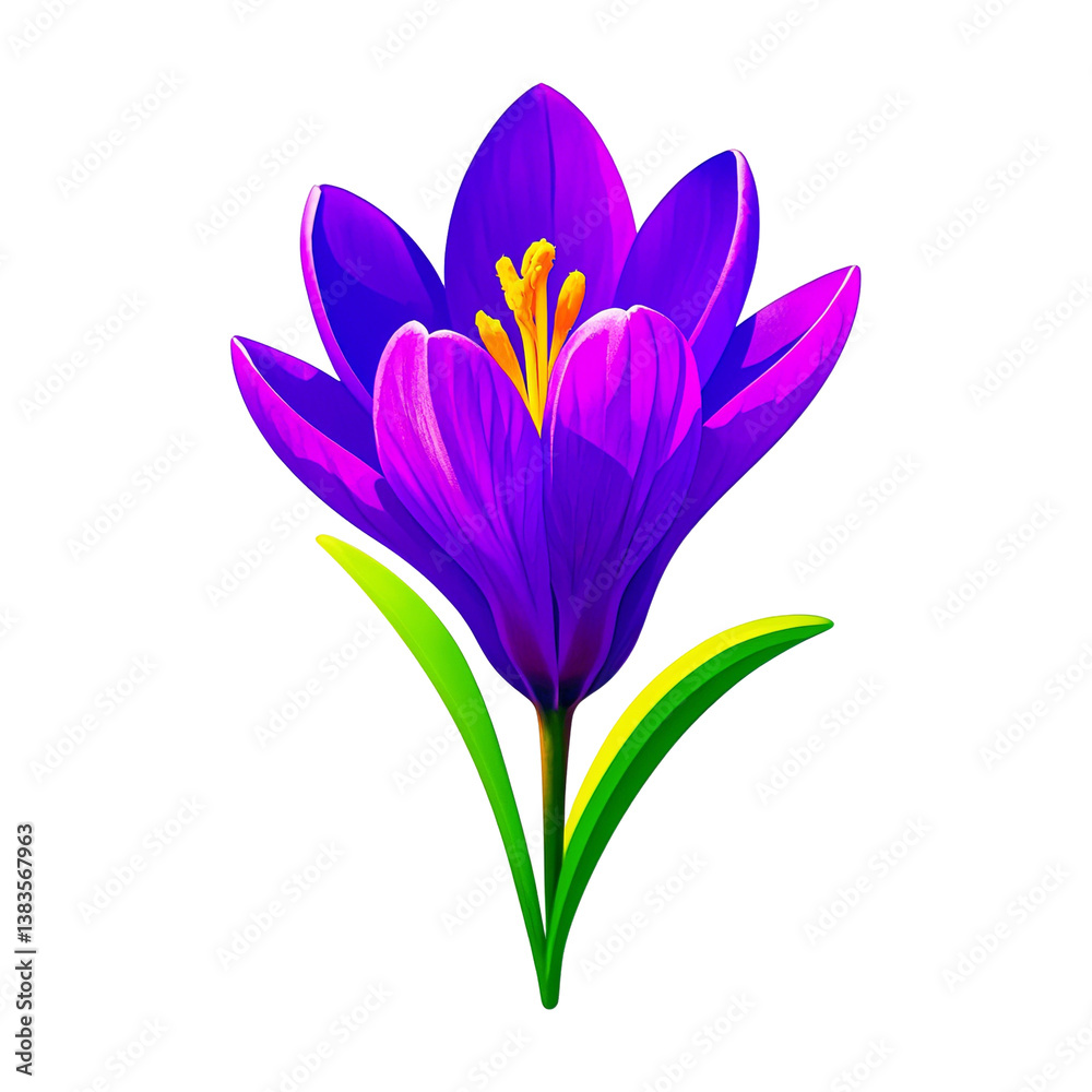 Naklejka premium Purple crocus flower with vibrant petals, yellow stamens, and green leaves. A detailed close-up of blooming crocus, symbolizing nature's beauty isolate on white background Download.
