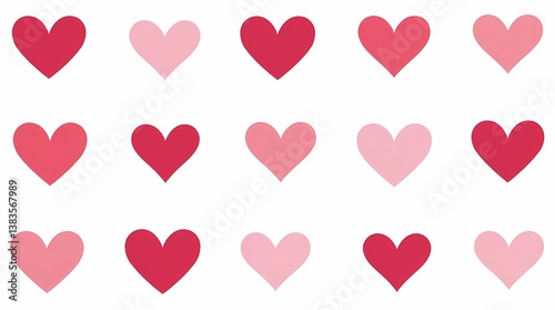 A simple, cheerful pattern of hearts in different shades of pink and red on a plain white background.