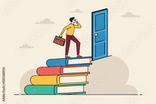 Education or learning for new opportunity, wisdom or knowledge to open door to success, solution, growth or career learning concept, businessman climb up book stack stair to reach opportunity door.