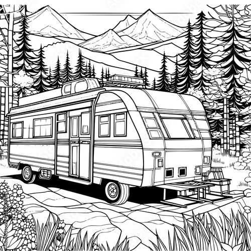 Camping Trailer in Mountain Forest – Hand-Drawn Vector Illustration for Coloring Books and Prints