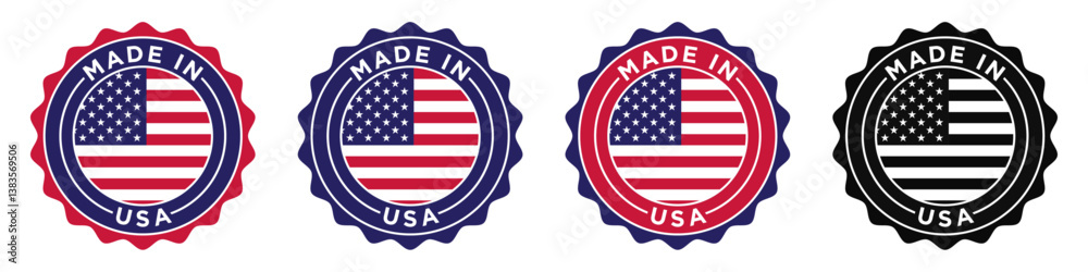 Made in USA badge design featuring circular seal, American flag, patriotic product label, certification stamp, vector quality emblem, branding insignia, authenticity symbol, and approval mark. Made in USA badge design featuring circular seal, American flag, patriotic product label, certification stamp, vector quality emblem, branding insignia, authenticity symbol, and approval mark.
