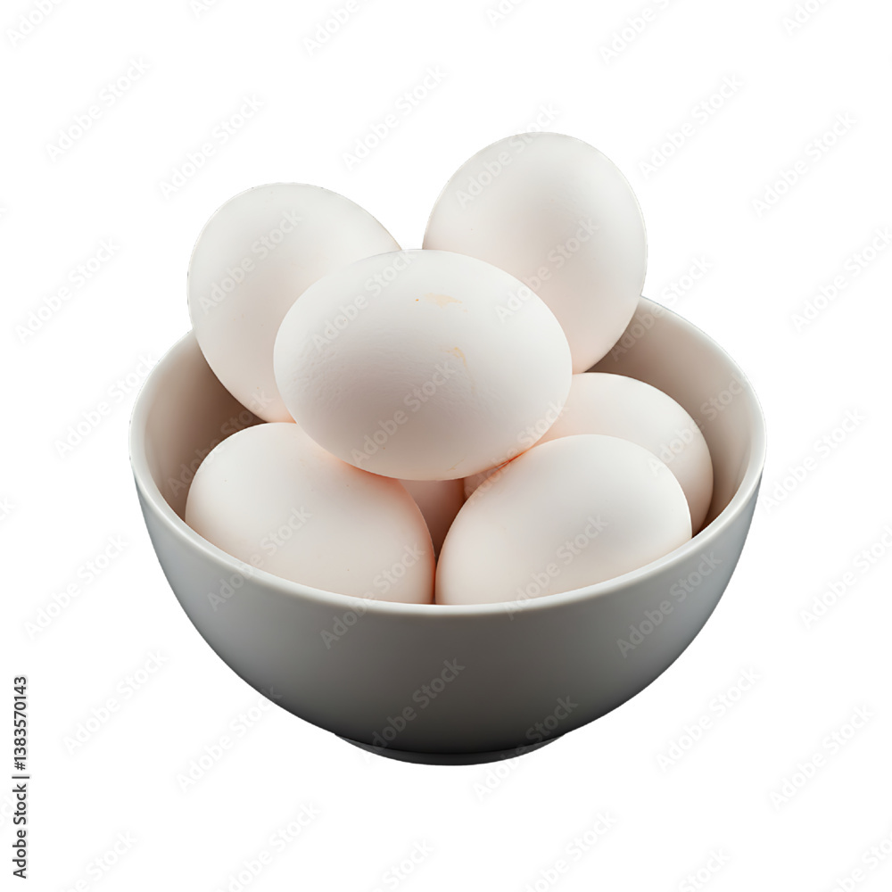 White eggs on white bowl isolated on white background, uncooked bool of eggs isolated on white background 