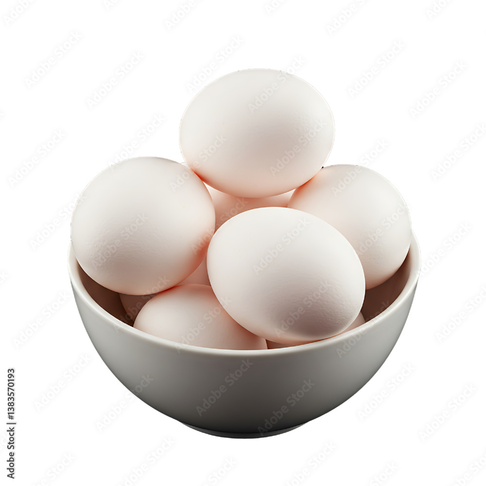 White eggs on white bowl isolated on white background, uncooked bool of eggs isolated on white background 