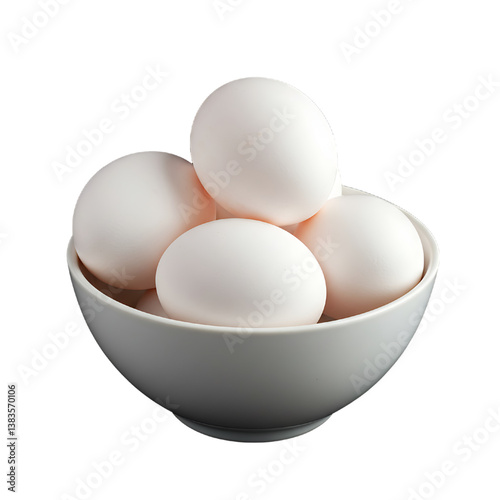 White eggs on white bowl isolated on white background, uncooked bool of eggs isolated on white background 