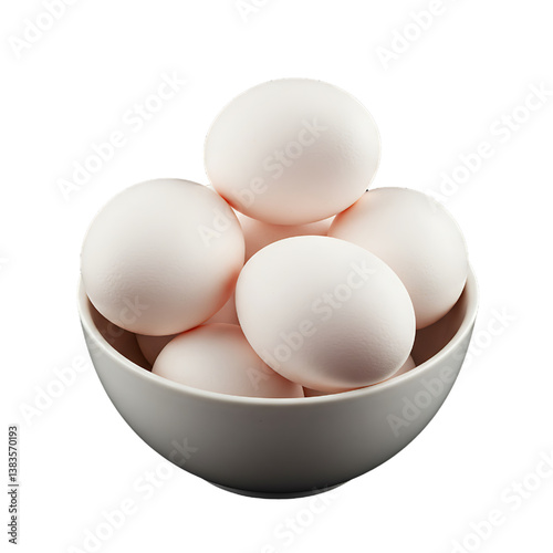 White eggs on white bowl isolated on white background, uncooked bool of eggs isolated on white background 