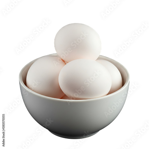 White eggs on white bowl isolated on white background, uncooked bool of eggs isolated on white background 