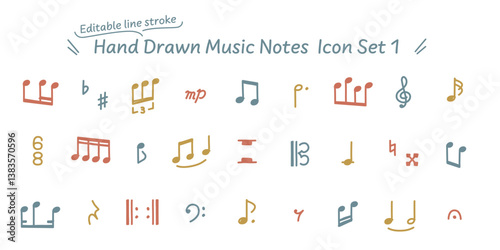 線の編集が可能なベクターデータ。漫画にも使える、手描きのいろいろな音符記号のカラフルなアイコンセット　1
