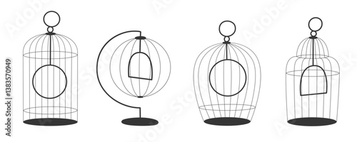 Collection of Modern Minimalist Wire Birdcages with Swings in a Flat Illustration Style on a White Background