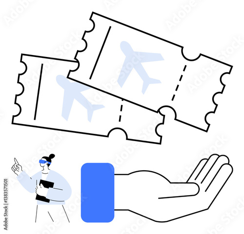 Two illustrated flight tickets in an open hand alongside a passenger holding documents, symbolizing travel preparation. Ideal for travel booking, vacation planning, airline services, ticketing