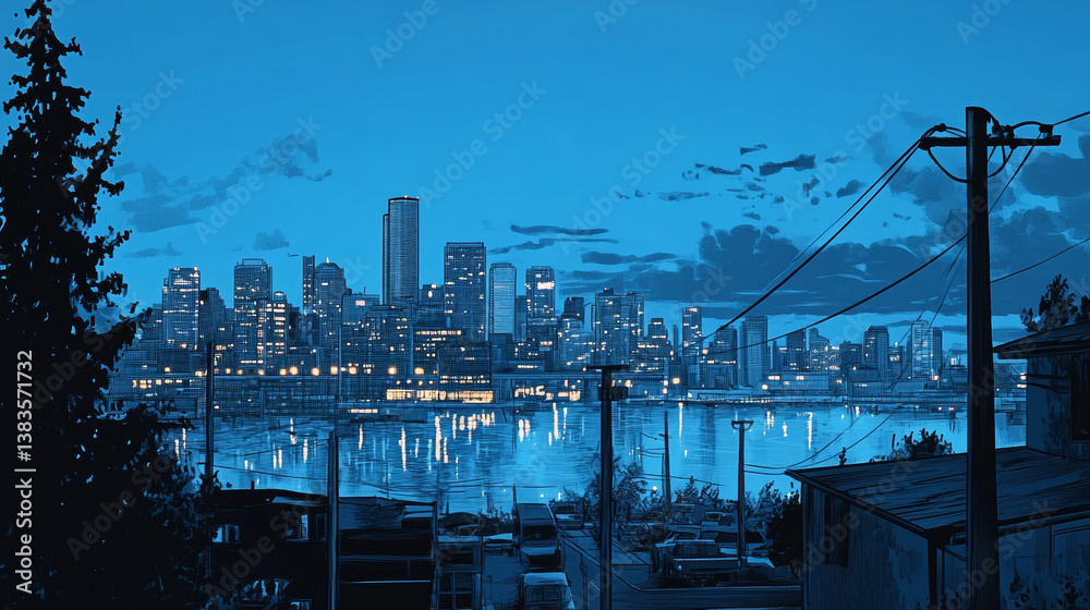 Fototapeta premium Blue comic scene background with city silhouette