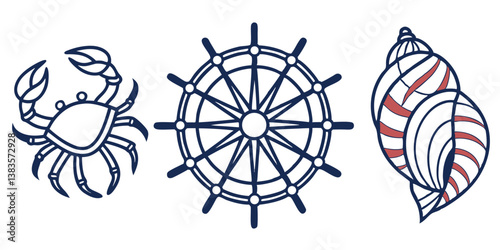 Nautical Vector Art: Elegant Crab, Ship Wheel, and Seashell Illustrations for Coastal Design Projects | Vector