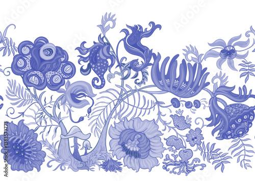 Fantasy, alien hypnotic flowers, decorative flowers and leaves. Cartoon style. Millefleurs trendy floral design. Seamless pattern, background. Outline hand drawing vector illustration.