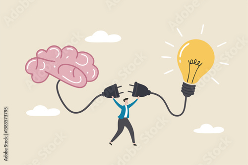 Creativity idea brainstorming, wisdom or imagination to success, connecting new idea or innovation, intelligence or solution concept, businessman connect plug with lightbulb idea to human brain.
