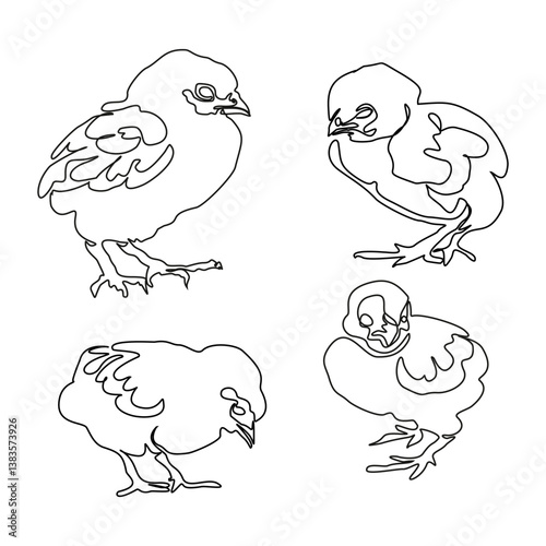 Single continuous line drawing set of chicks. Cute little chickens. One line design vector illustration