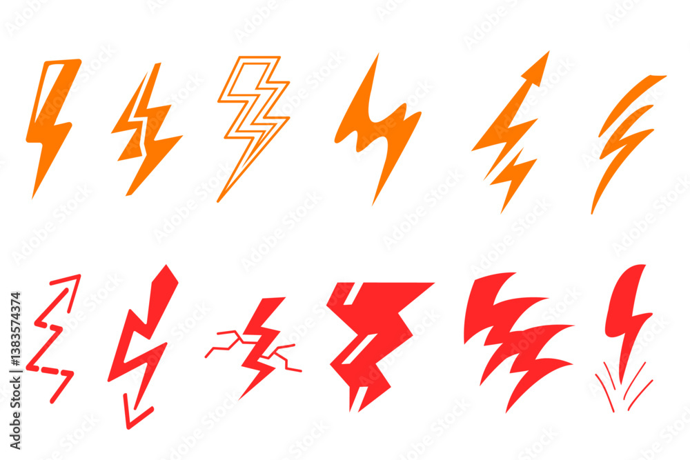 Set of lightning bolts and electric power icons. Hand drawn doodle sketch style. Vector illustration of flash, lightning, thunderbolt, energy, and electricity in flat style for apps and website. Set of lightning bolts and electric power icons. Hand drawn doodle sketch style. Vector illustration of flash, lightning, thunderbolt, energy, and electricity in flat style for apps and website.
