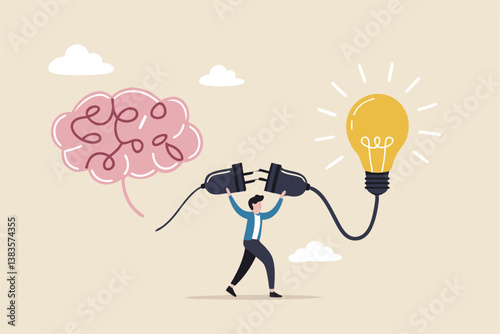 Creativity idea brainstorming, wisdom or imagination to success, connecting new idea or innovation, intelligence or solution concept, businessman connect plug with lightbulb idea to human brain.