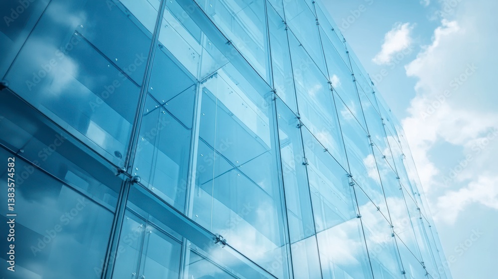 Obraz premium Modern glass building exterior reflecting blue sky and clouds.
