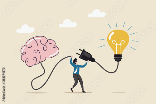 Creativity idea brainstorming, wisdom or imagination to success, connecting new idea or innovation, intelligence or solution concept, businessman connect plug with lightbulb idea to human brain.