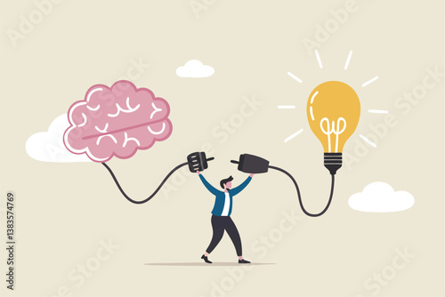 Creativity idea brainstorming, wisdom or imagination to success, connecting new idea or innovation, intelligence or solution concept, businessman connect plug with lightbulb idea to human brain.