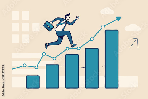 Business growth, challenge to success, career growing achievement, ambition or aspiration to achieve goal, development effort, improvement or winner step concept, businessman running up growth chart.