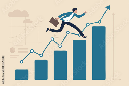 Business growth, challenge to success, career growing achievement, ambition or aspiration to achieve goal, development effort, improvement or winner step concept, businessman running up growth chart.
