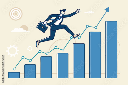 Business growth, challenge to success, career growing achievement, ambition or aspiration to achieve goal, development effort, improvement or winner step concept, businessman running up growth chart.
