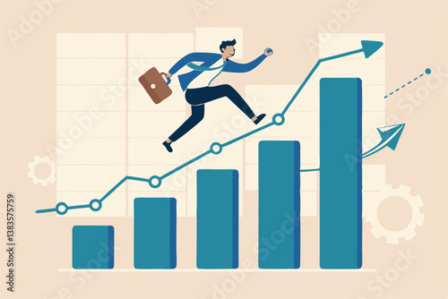 Business growth, challenge to success, career growing achievement, ambition or aspiration to achieve goal, development effort, improvement or winner step concept, businessman running up growth chart.