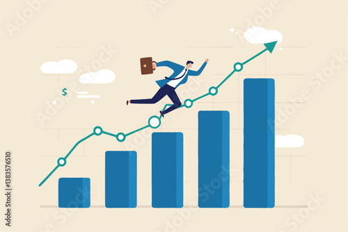 Business growth, challenge to success, career growing achievement, ambition or aspiration to achieve goal, development effort, improvement or winner step concept, businessman running up growth chart.
