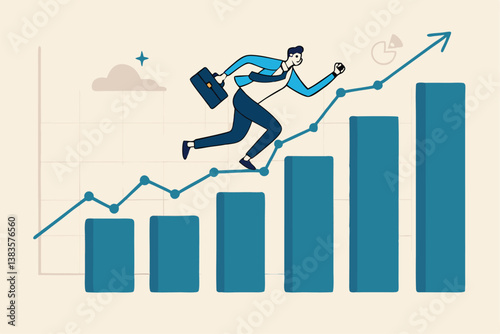 Business growth, challenge to success, career growing achievement, ambition or aspiration to achieve goal, development effort, improvement or winner step concept, businessman running up growth chart.