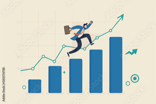 Business growth, challenge to success, career growing achievement, ambition or aspiration to achieve goal, development effort, improvement or winner step concept, businessman running up growth chart.