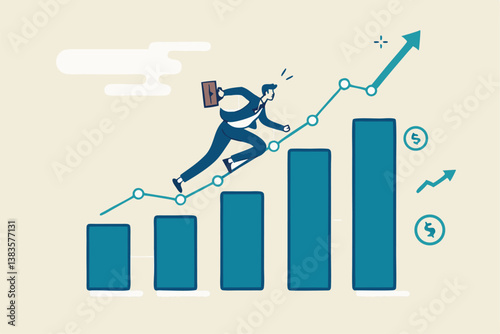 Business growth, challenge to success, career growing achievement, ambition or aspiration to achieve goal, development effort, improvement or winner step concept, businessman running up growth chart.