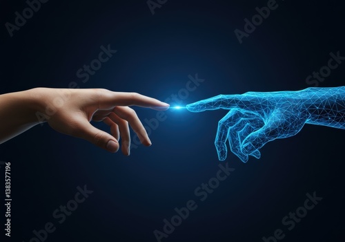 A human and a digital hand almost touching, representing technological connection.