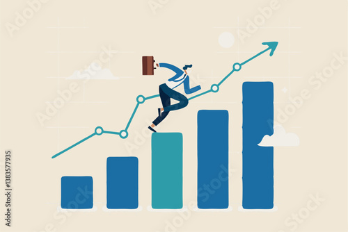 Business growth, challenge to success, career growing achievement, ambition or aspiration to achieve goal, development effort, improvement or winner step concept, businessman running up growth chart.
