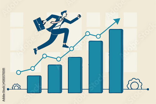 Business growth, challenge to success, career growing achievement, ambition or aspiration to achieve goal, development effort, improvement or winner step concept, businessman running up growth chart.