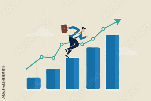Business growth, challenge to success, career growing achievement, ambition or aspiration to achieve goal, development effort, improvement or winner step concept, businessman running up growth chart.