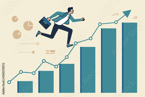 Business growth, challenge to success, career growing achievement, ambition or aspiration to achieve goal, development effort, improvement or winner step concept, businessman running up growth chart.