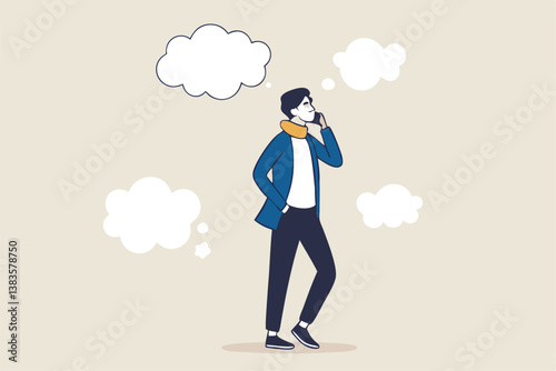 Too many thinking ideas, overwhelmed issues or busy problems to be solved, contemplative solutions for trouble, concerned or anxiety concept, businessman thinking with many thinking bubbles.