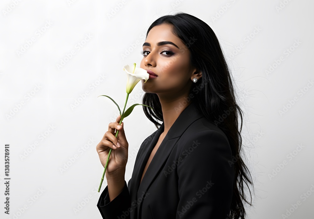 Elegant woman in a sleek black suit gracefully poses with a pristine white lily, showcasing beauty and sophistication against a white backdrop. Elegant woman in a sleek black suit gracefully poses with a pristine white lily, showcasing beauty and sophistication against a white backdrop.
