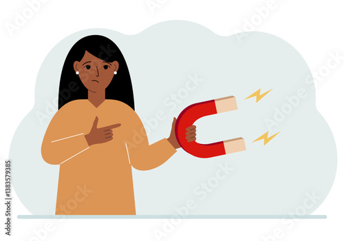 A woman holds a huge magnet in his hand, attracts new customers, money and ideas. Inbound business marketing technologies, lead generation concept. Vector flat illustration