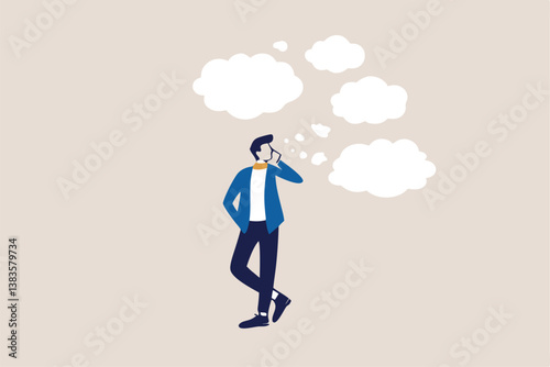 Too many thinking ideas, overwhelmed issues or busy problems to be solved, contemplative solutions for trouble, concerned or anxiety concept, businessman thinking with many thinking bubbles.