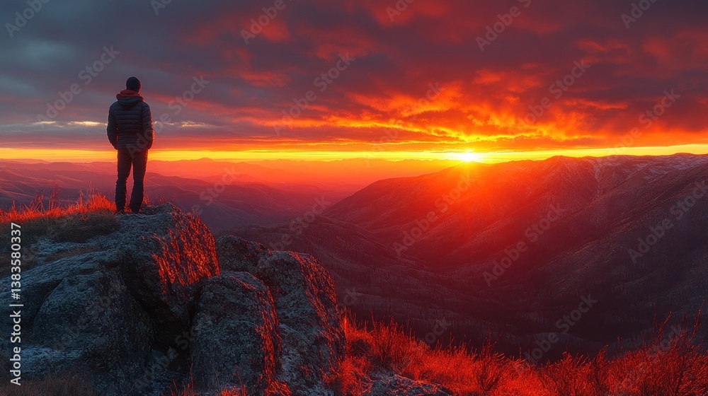 Obraz premium Man Contemplating Sunrise Over Mountain Range