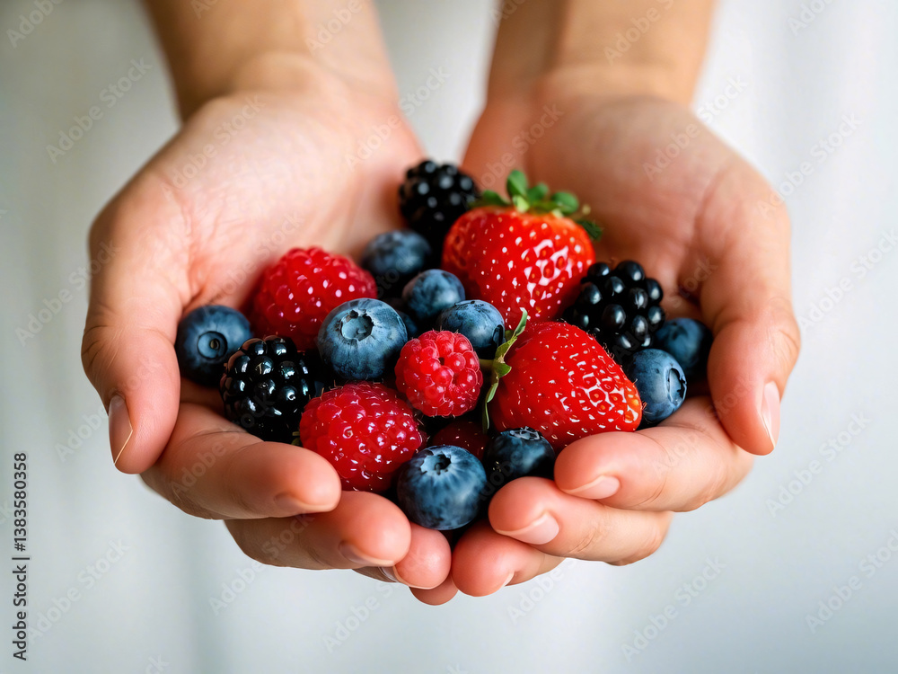 Fresh Assortment of Berries Including Strawberries, Blueberries, Raspberries, and Blackberries in Cupped Hands, Isolated Stock Photo Download Fresh Assortment of Berries Including Strawberries, Blueberries, Raspberries, and Blackberries in Cupped Hands, Isolated Stock Photo Download