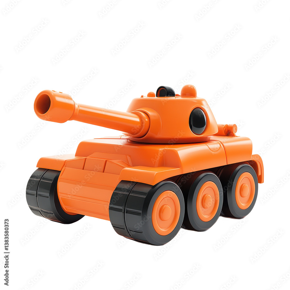 Fototapeta premium Bright orange toy tank with oversized cannon and chunky wheels