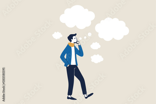 Too many thinking ideas, overwhelmed issues or busy problems to be solved, contemplative solutions for trouble, concerned or anxiety concept, businessman thinking with many thinking bubbles.