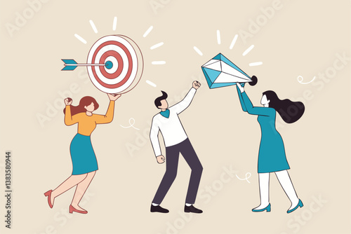 Mission, vision and value, company statement to drive success, strategy plan or leadership principle for employee to reach target concept, business people holding mission, vision and value elements.