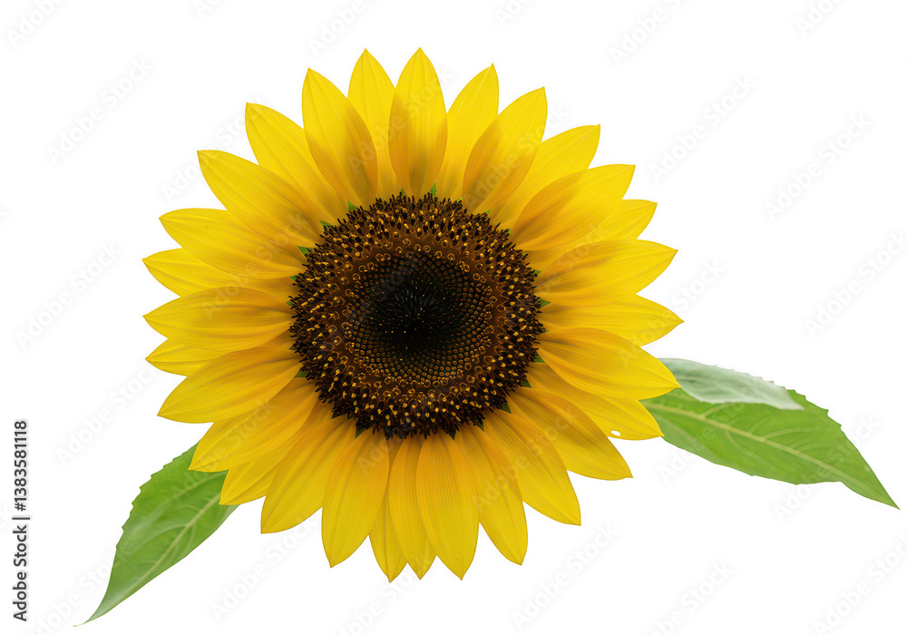 Fototapeta premium A vibrant sunflower with yellow petals and a dark brown center on a white background with green leaves